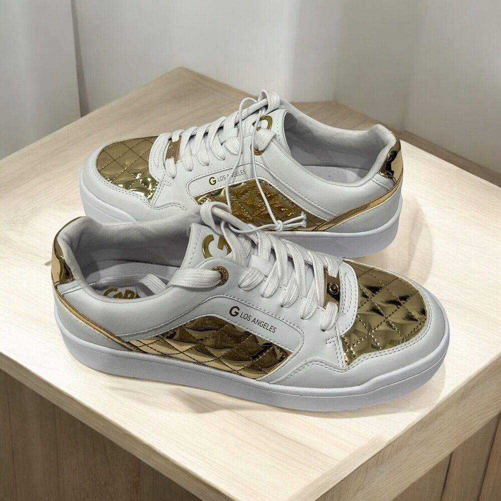 Guess Women’s Quilted Gold & White Leather Sneakers Size 10 New - Picture 3 of 6